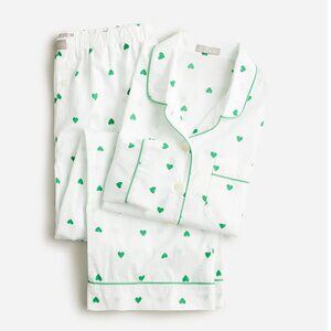 J. Crew Long-sleeve Cropped Cotton Poplin Pajama Pant Set Green Heart Print SM